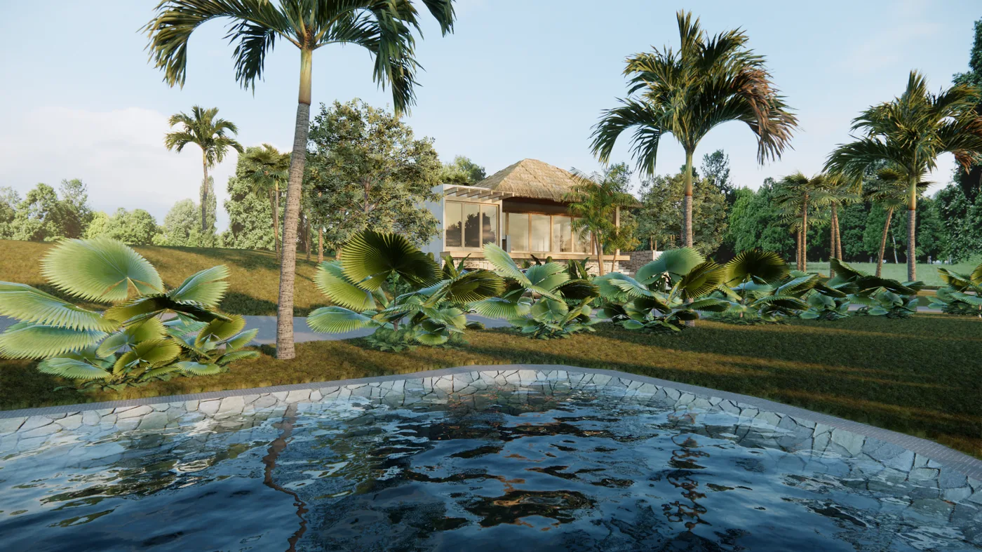 Villa beside an ornamental lagoon in the Sandpiper community, Ayampe (render)
