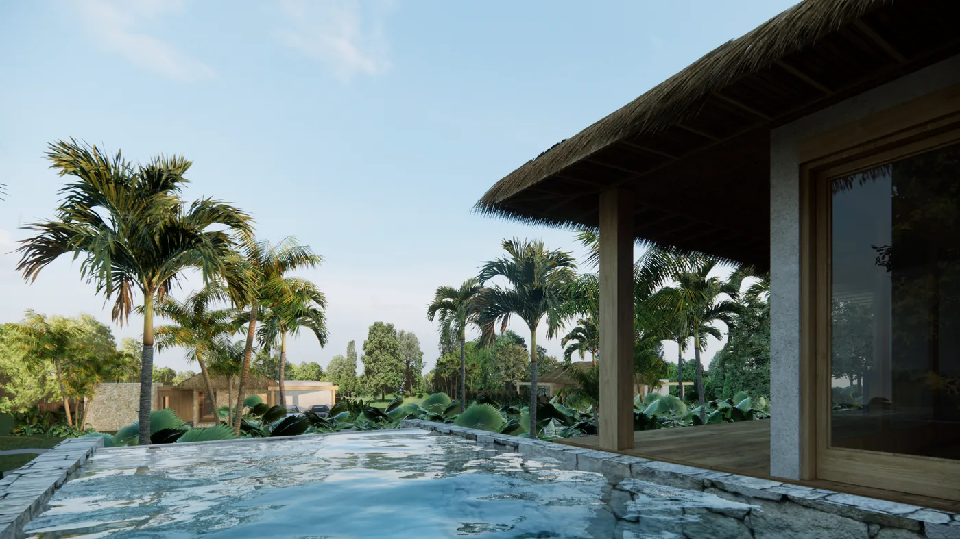 Pool and terrace of the vacation villa at Sandpiper, Ayampe (render)