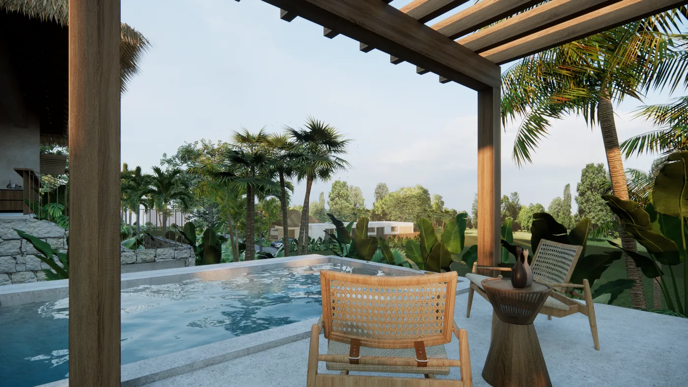 Terraza con piscina de la villa en Sandpiper, Ayampe (render)